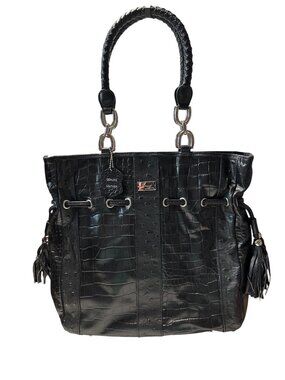 Isabella Adams Black Croc-Embossed Genuine Leather Tassels Braided Handles Tote